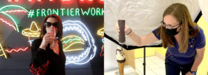 Julie Priceman, founder of Los Angeles branding agency standing in front of a neon sign. And Amanda Smith, styling an ice cream cone for a photo shoot.