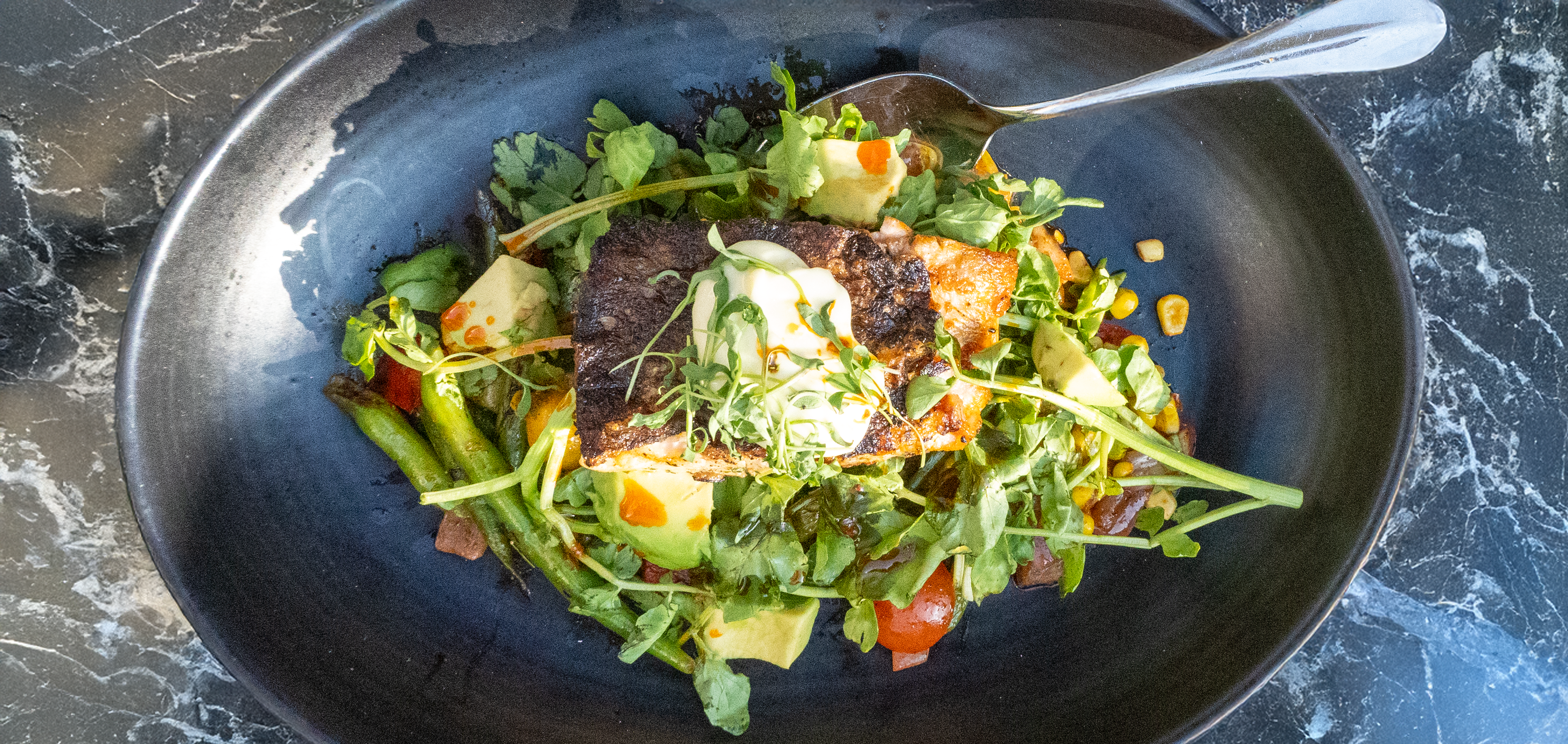 Restaurant Marketing photo of a seafood dish with fresh green garnishes